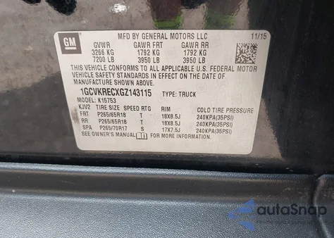 2016 Chevrolet Silverado 1500 1Lt из США, поврежденный, VIN 1GCVKRECXGZ143115